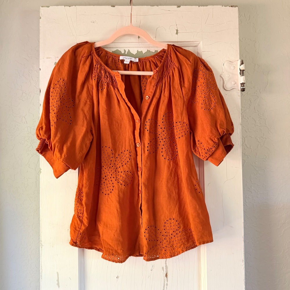 Chico's Orange Eyelet Embroidered Puff Sleeve Ramie Blouse Size 0.5 S Small
